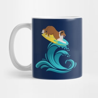 Rough Collie Dog on Surf Board on Summer Sea Wave Mug